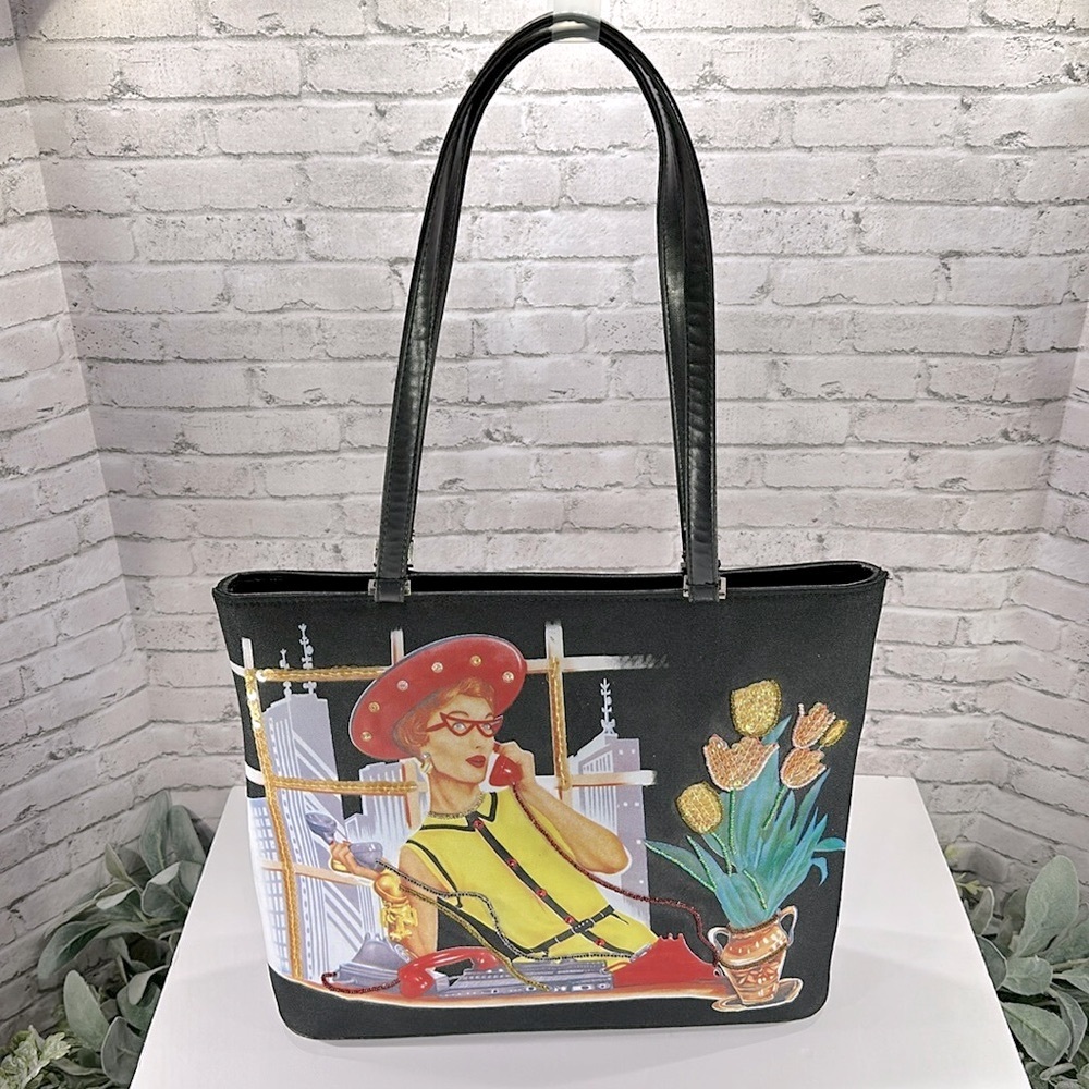 Vintage Inspired “Big City Socialite Lady” Black-Multi Retro Handbag Tote🖤EUC